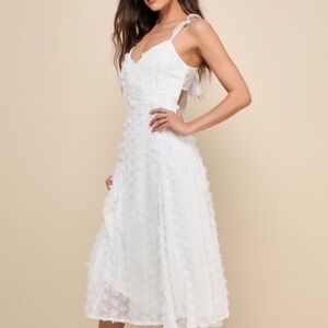 Darling Flirtation White 3D Floral Applique Tie-Back Midi Dress